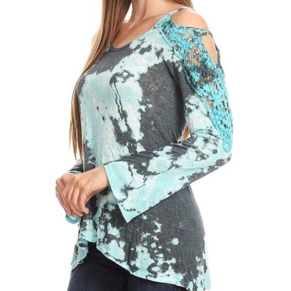 NWT T Party Turquoise Tie Dye Cold Shoulder Top Lace Trim - Picture 3 of 3